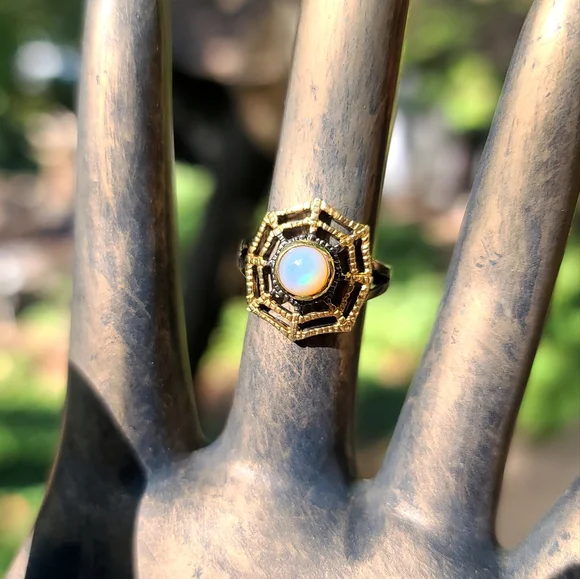 Fire Opal web 🕸 sterling rhodium & gold ring sz7.5 - Picture 3 of 5